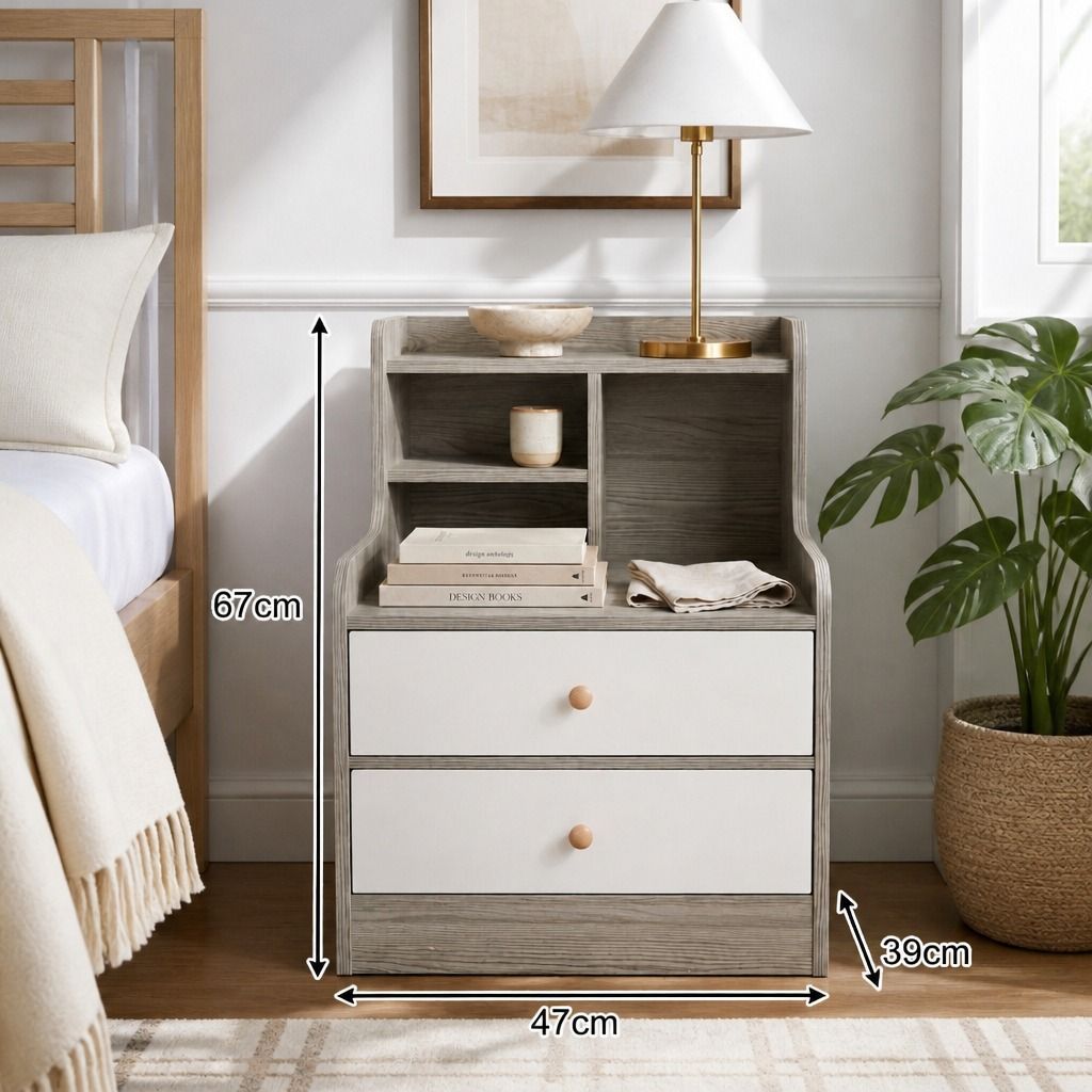 HYGGO Bedside Table Drawer Nightstand Light Gray Wood Grain White Fronts view 2
