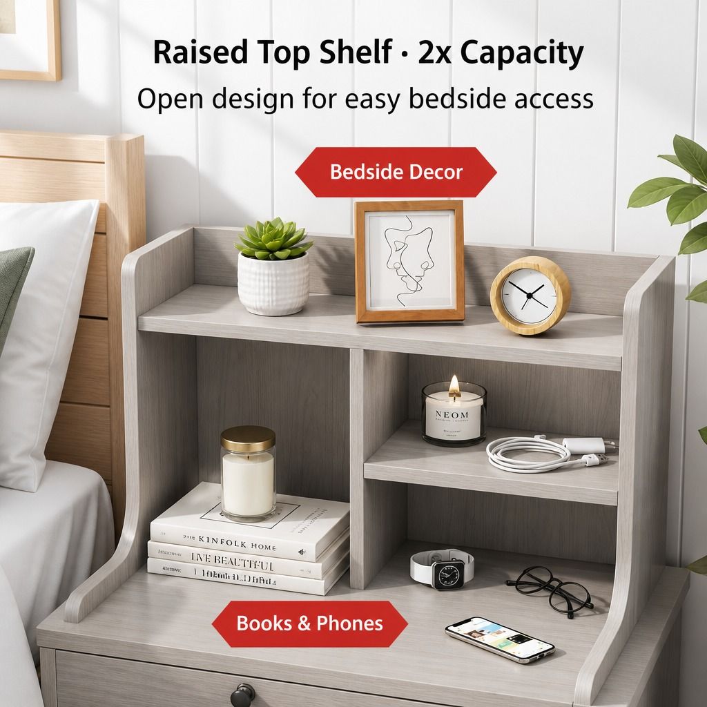 HYGGO Bedside Table Drawer Nightstand Light Gray Wood Grain White Fronts view 4