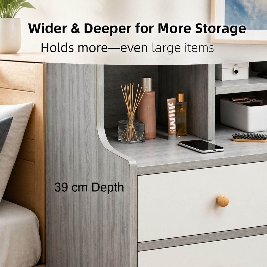 HYGGO Bedside Table Drawer Nightstand Light Gray Wood Grain White Fronts view 5