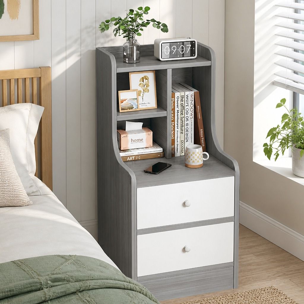 HYGGO Bedside Table Drawer Nightstand Light Gray Wood Grain White Fronts view 12