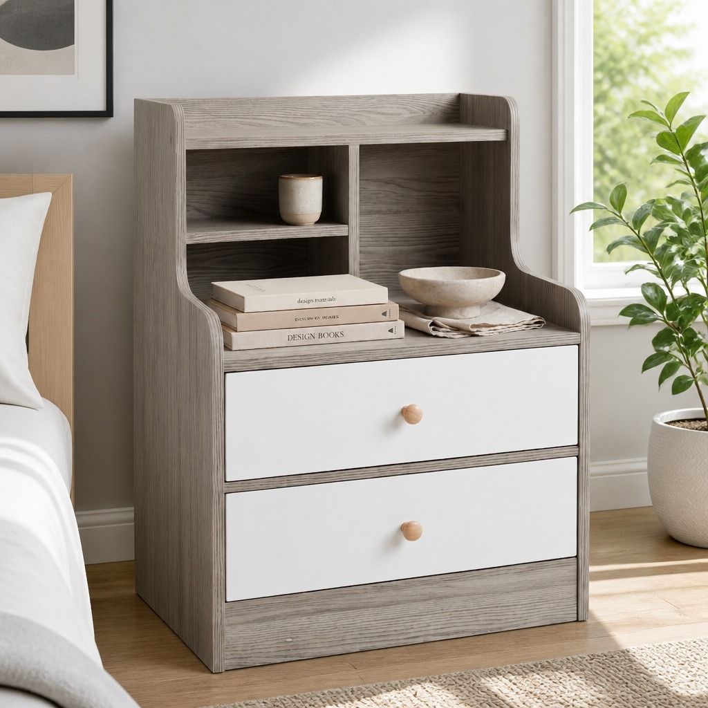 HYGGO Bedside Table Drawer Nightstand Light Gray Wood Grain White Fronts view 13