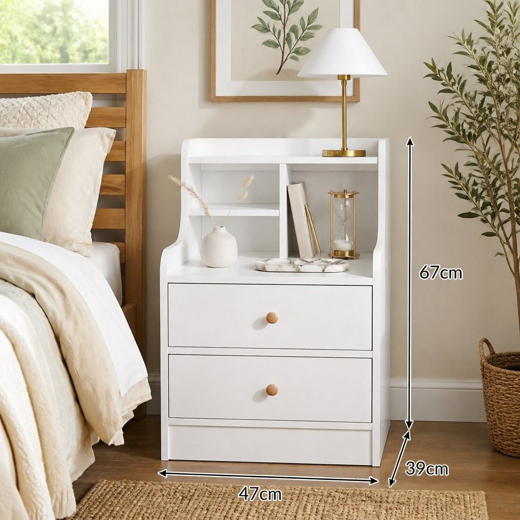 HYGGO White Nightstand Bedside Table Wooden Drawers Storage Sections Curved Sides view 2