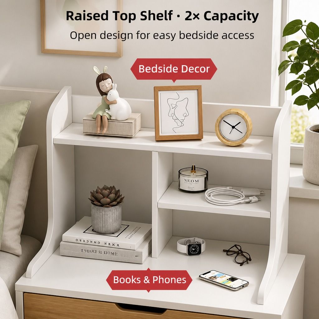 HYGGO White Nightstand Bedside Table Wooden Drawers Storage Sections Curved Sides view 4