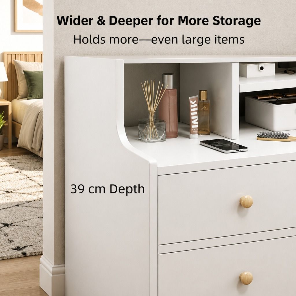 HYGGO White Nightstand Bedside Table Wooden Drawers Storage Sections Curved Sides view 5