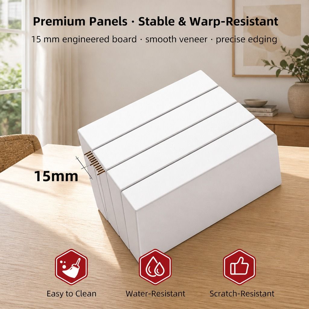 HYGGO White Nightstand Bedside Table Wooden Drawers Storage Sections Curved Sides view 9