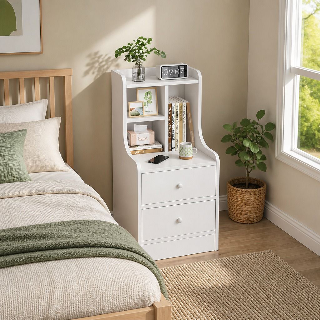 HYGGO White Nightstand Bedside Table Wooden Drawers Storage Sections Curved Sides view 12