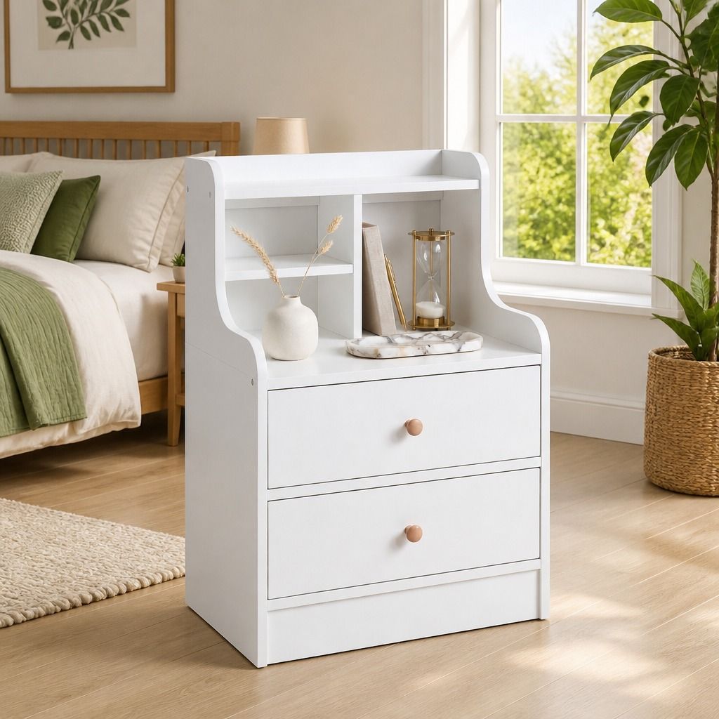 HYGGO White Nightstand Bedside Table Wooden Drawers Storage Sections Curved Sides view 13