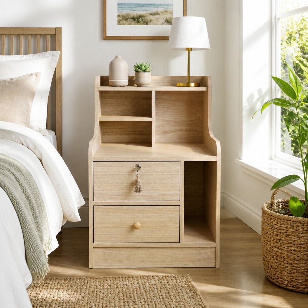 HYGGO Light Wood Bedside Table Drawer Nightstand Open Shelf Storage Tray