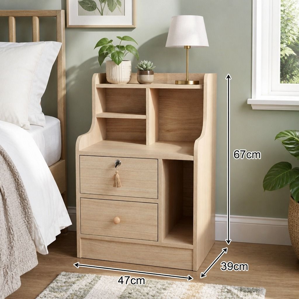 HYGGO Light Wood Bedside Table Drawer Nightstand Open Shelf Storage Tray view 2