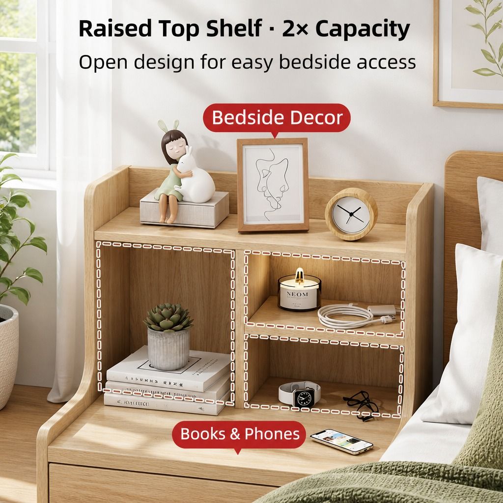 HYGGO Light Wood Bedside Table Drawer Nightstand Open Shelf Storage Tray view 4