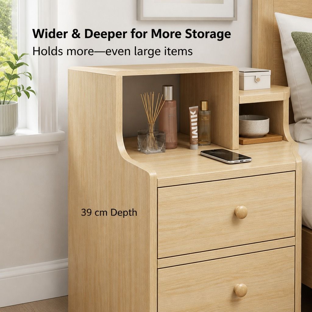 HYGGO Light Wood Bedside Table Drawer Nightstand Open Shelf Storage Tray view 5