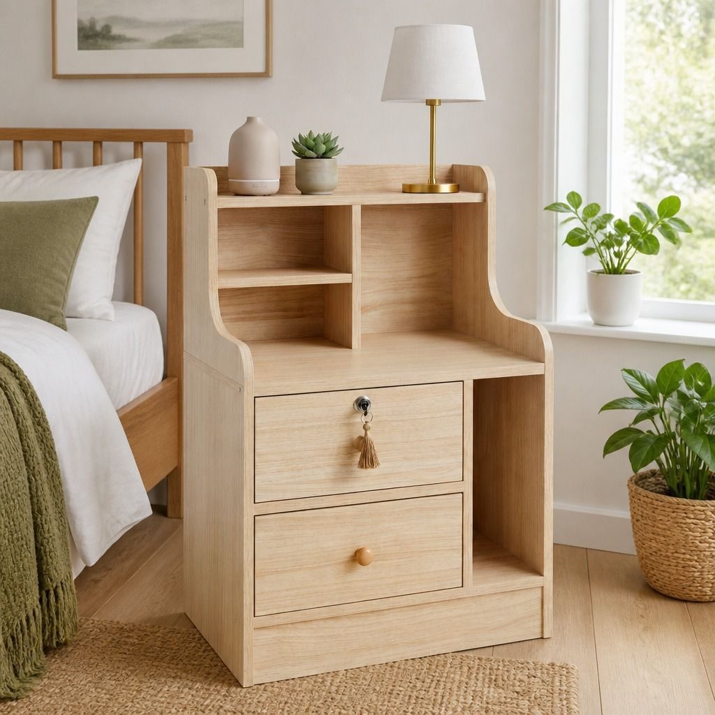 HYGGO Light Wood Bedside Table Drawer Nightstand Open Shelf Storage Tray view 13