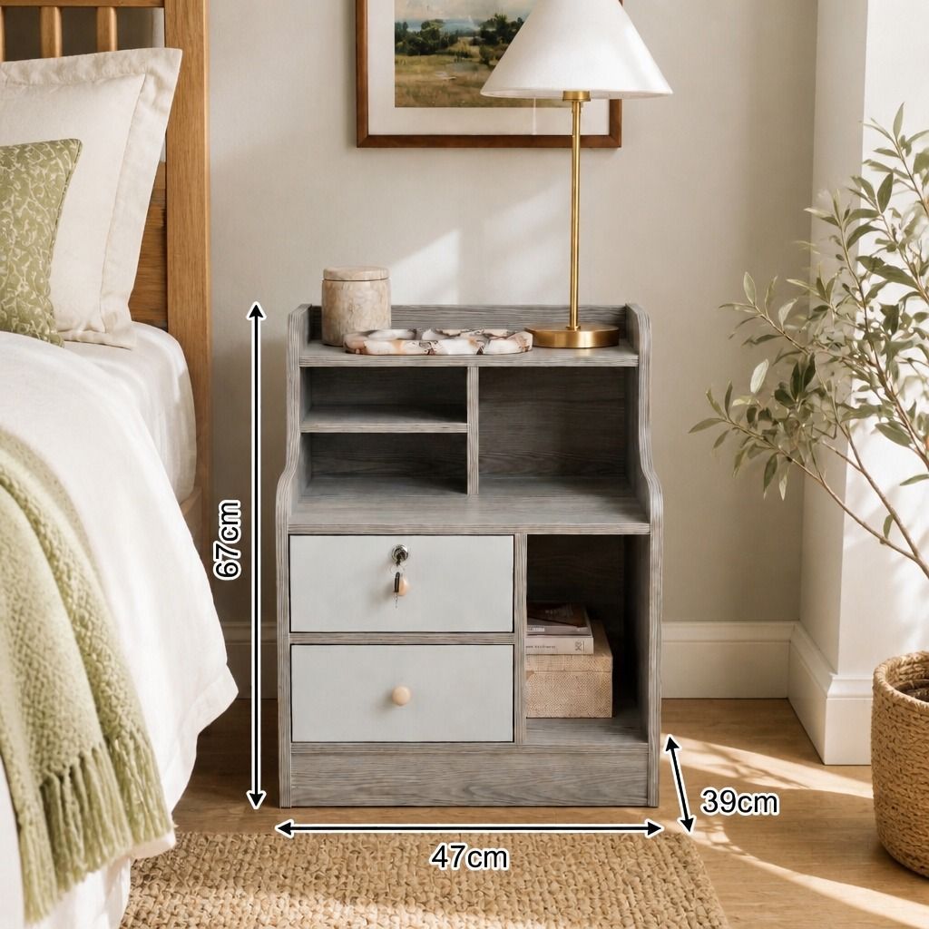 HYGGO Light Gray Bedside Table Nightstand Drawer Open Shelf Secure Storage 70cm view 2