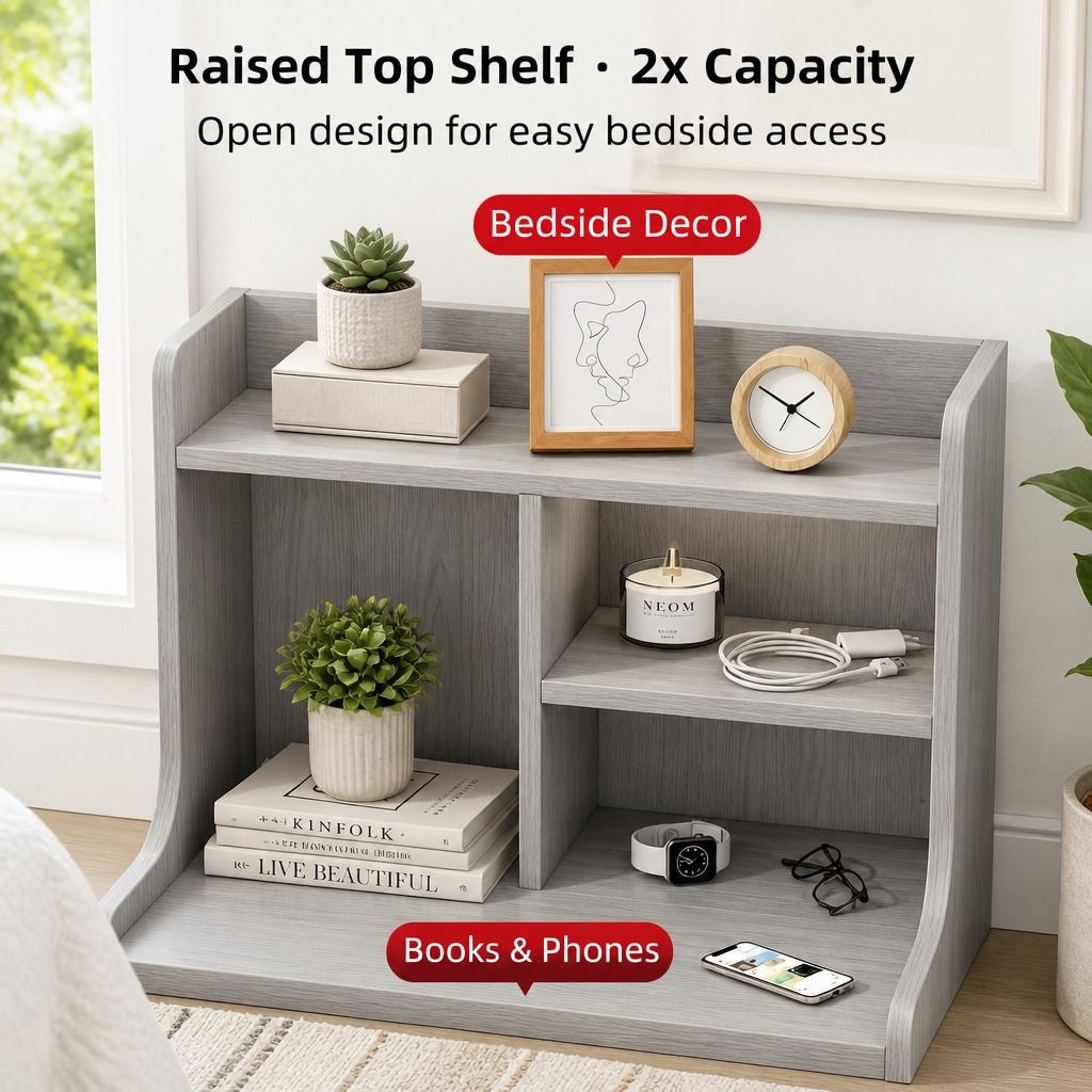 HYGGO Light Gray Bedside Table Nightstand Drawer Open Shelf Secure Storage 70cm view 4