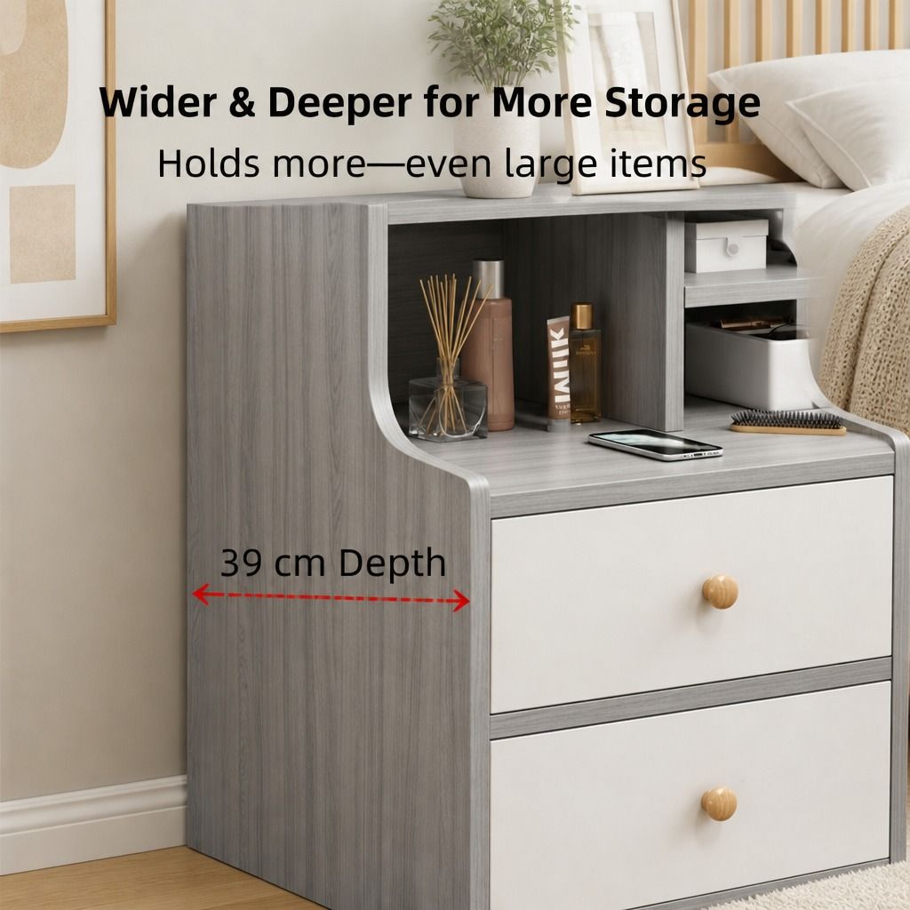 HYGGO Light Gray Bedside Table Nightstand Drawer Open Shelf Secure Storage 70cm view 5