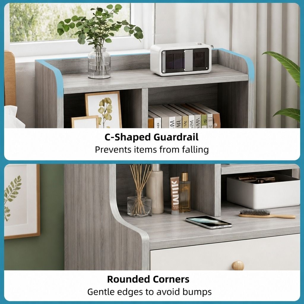 HYGGO Light Gray Bedside Table Nightstand Drawer Open Shelf Secure Storage 70cm view 6