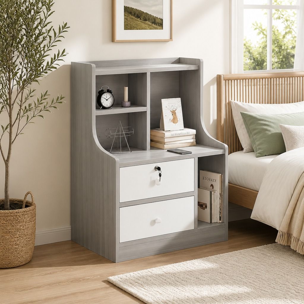 HYGGO Light Gray Bedside Table Nightstand Drawer Open Shelf Secure Storage 70cm view 12