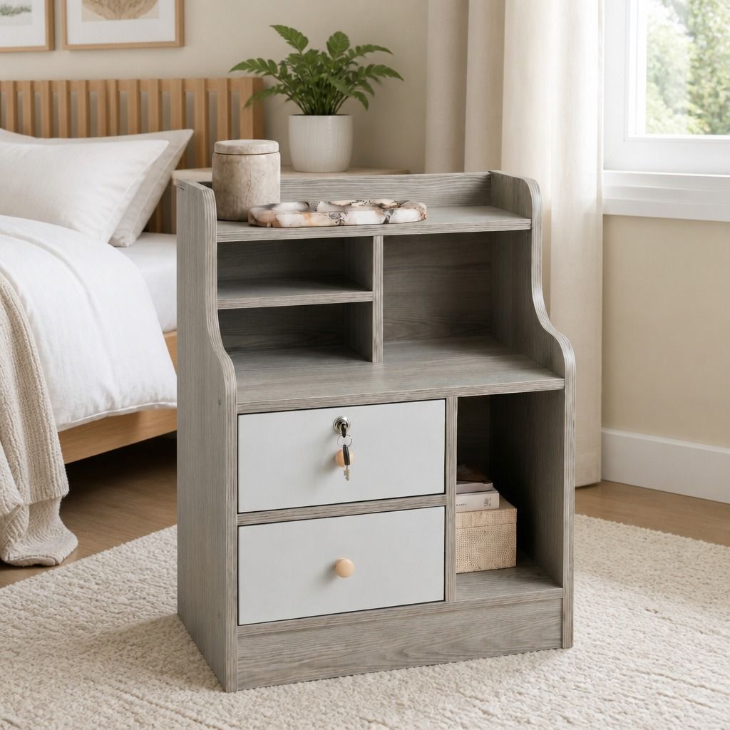 HYGGO Light Gray Bedside Table Nightstand Drawer Open Shelf Secure Storage 70cm view 13