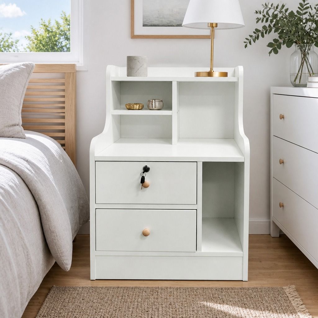 HYGGO White Nightstand Drawer Shelf Storage Tray Wooden Knob Bedside Table