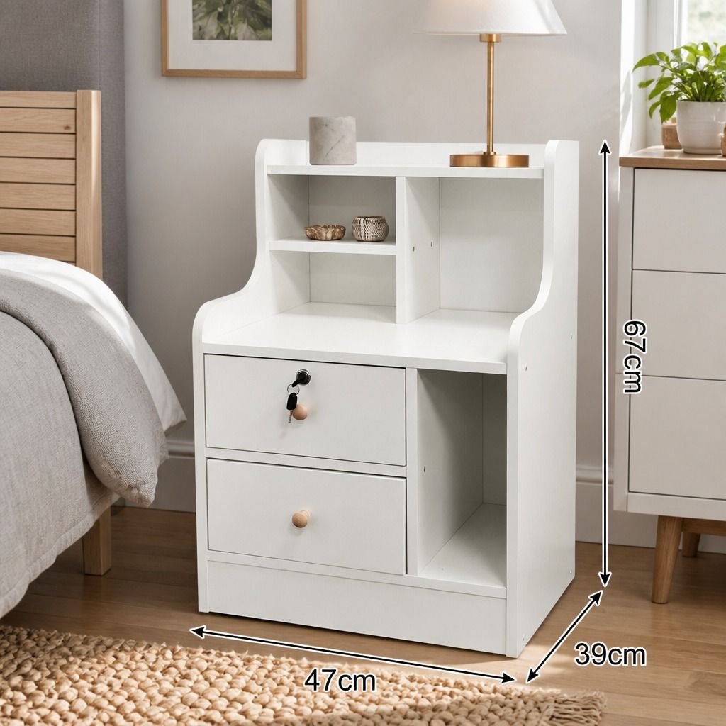 HYGGO White Nightstand Drawer Shelf Storage Tray Wooden Knob Bedside Table view 2