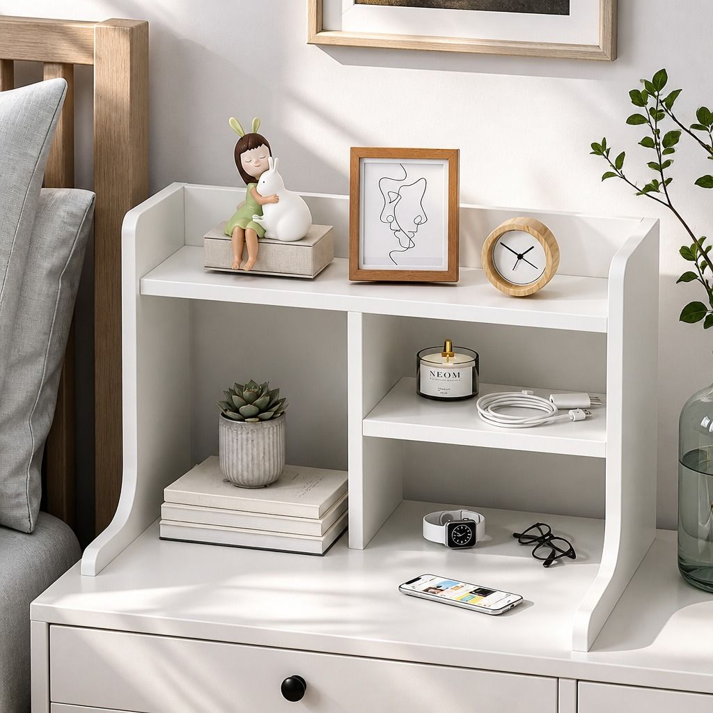 HYGGO White Nightstand Drawer Shelf Storage Tray Wooden Knob Bedside Table view 4