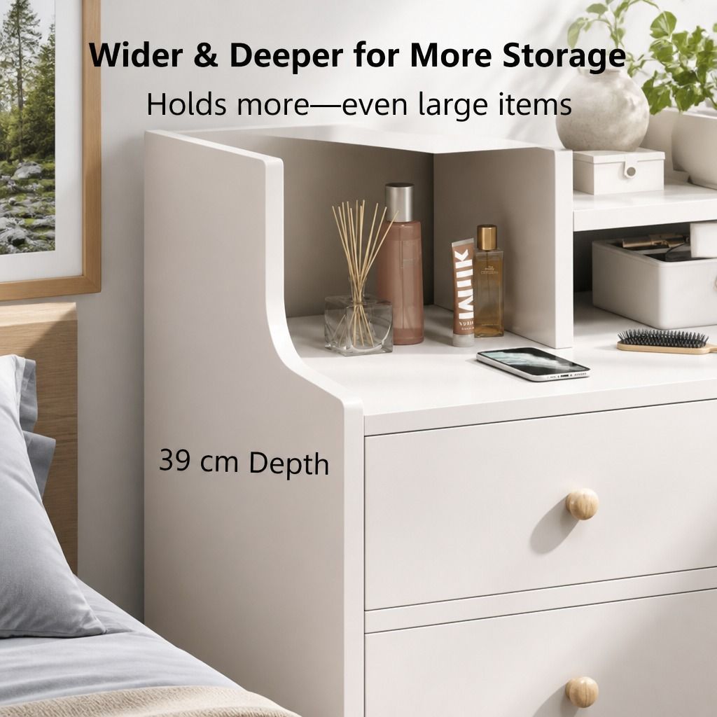 HYGGO White Nightstand Drawer Shelf Storage Tray Wooden Knob Bedside Table view 5