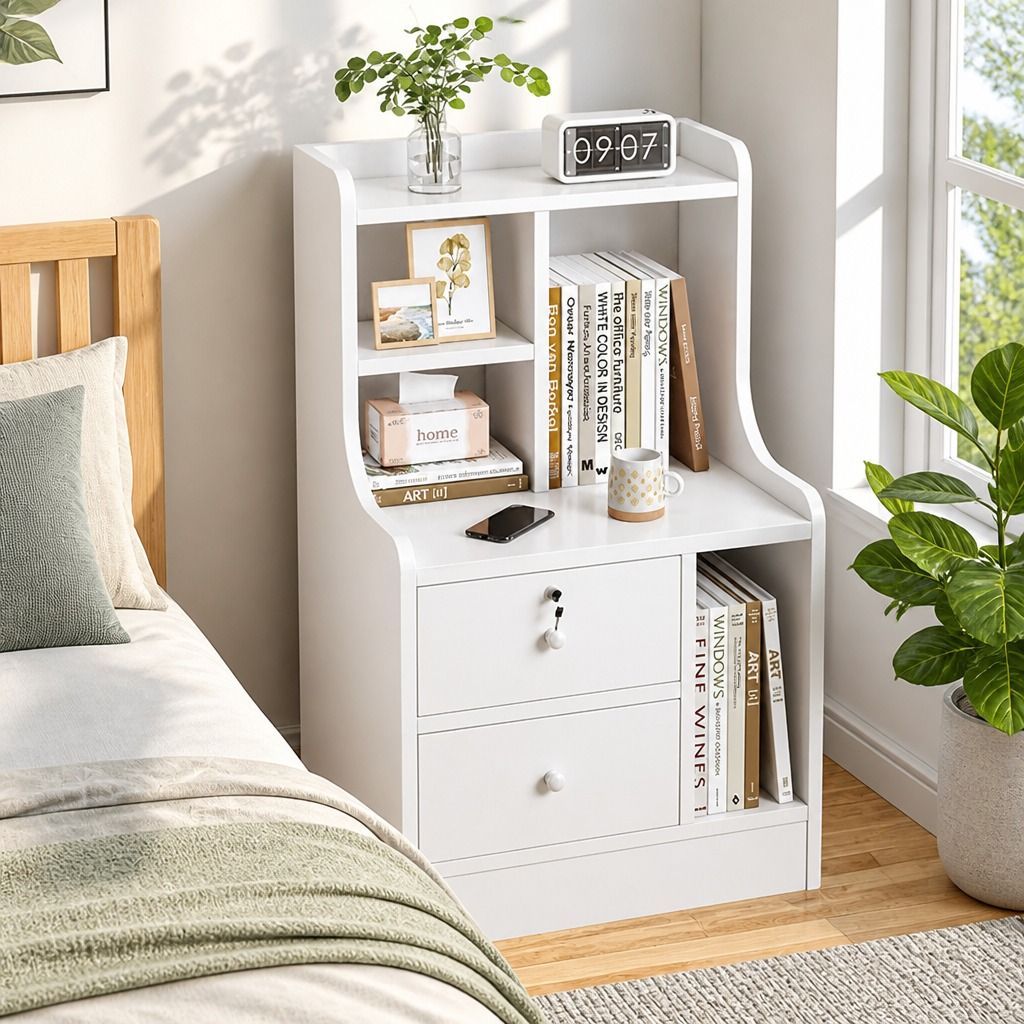 HYGGO White Nightstand Drawer Shelf Storage Tray Wooden Knob Bedside Table view 12