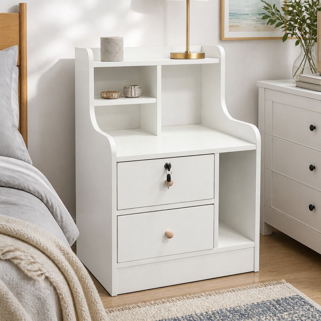 HYGGO White Nightstand Drawer Shelf Storage Tray Wooden Knob Bedside Table view 13