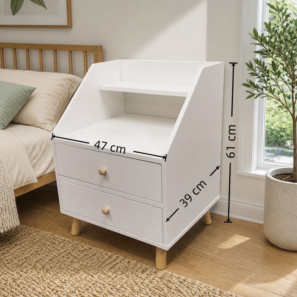 Warm White Bedside Table Nightstand Wooden Legs Two Drawers Open Storage view 2