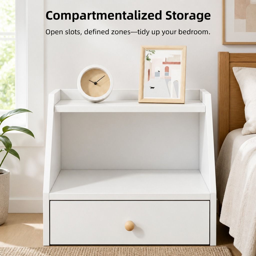 Warm White Bedside Table Nightstand Wooden Legs Two Drawers Open Storage view 5
