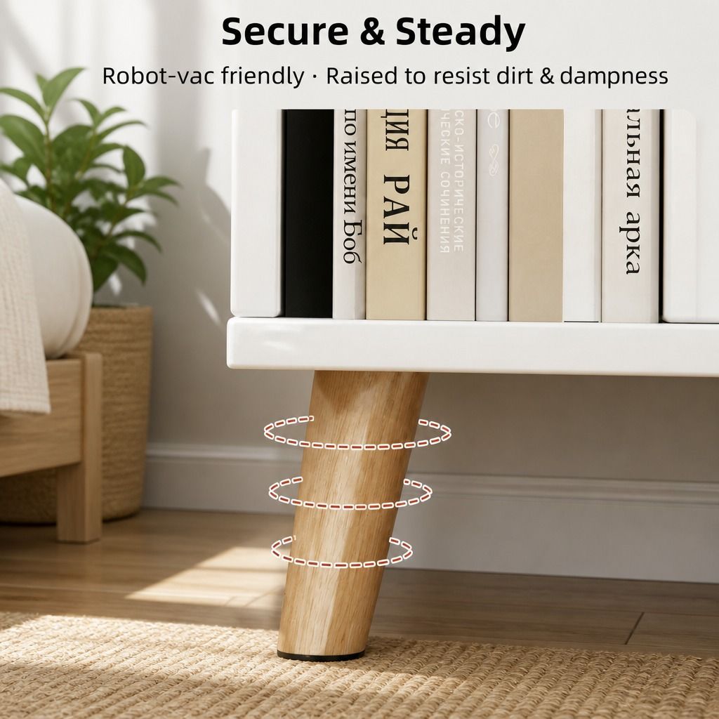 Warm White Bedside Table Nightstand Wooden Legs Two Drawers Open Storage view 6