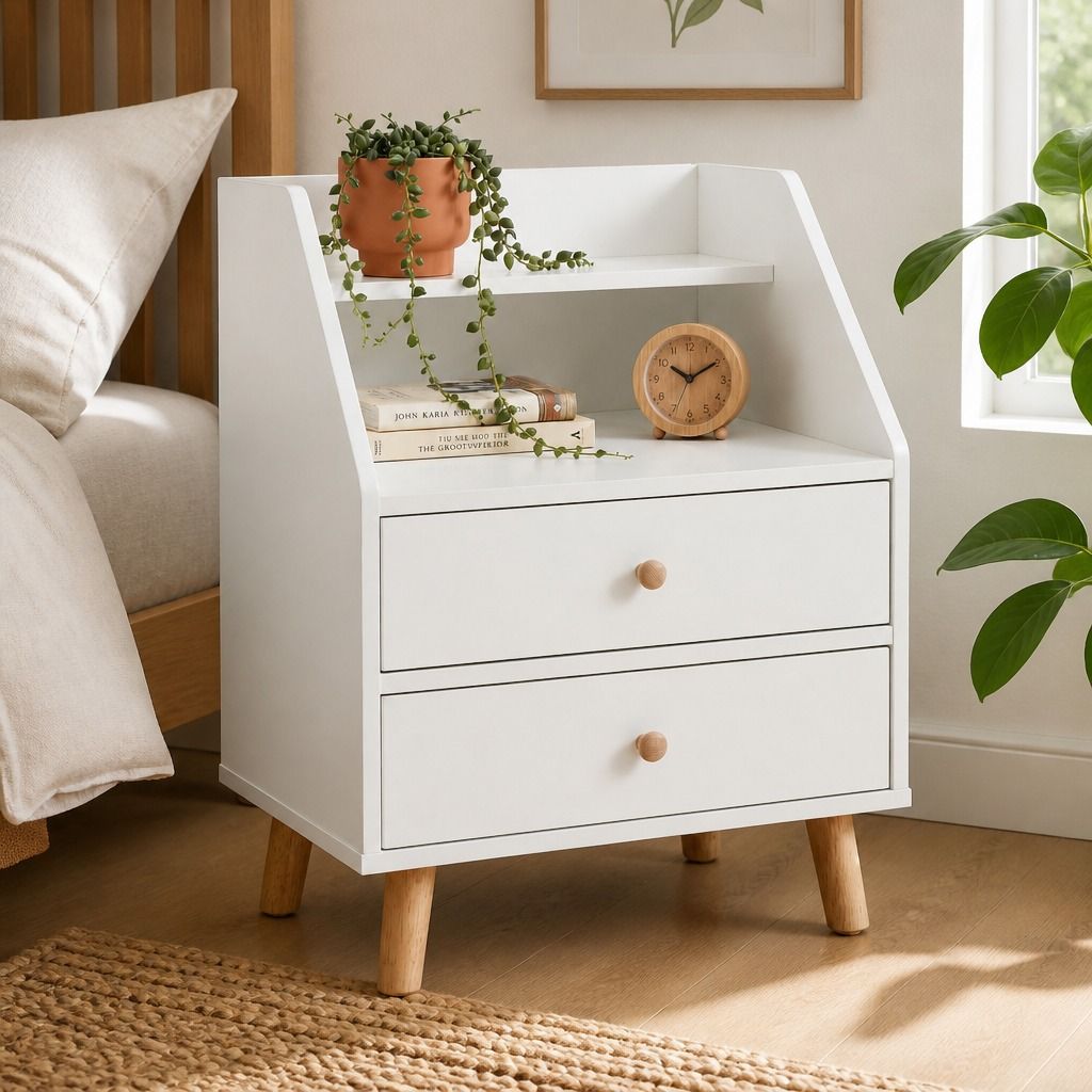 Warm White Bedside Table Nightstand Wooden Legs Two Drawers Open Storage view 10