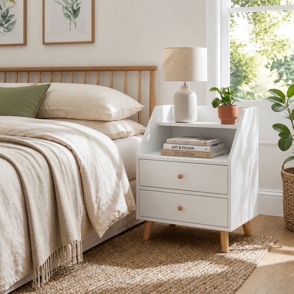 Warm White Bedside Table Nightstand Wooden Legs Two Drawers Open Storage view 11