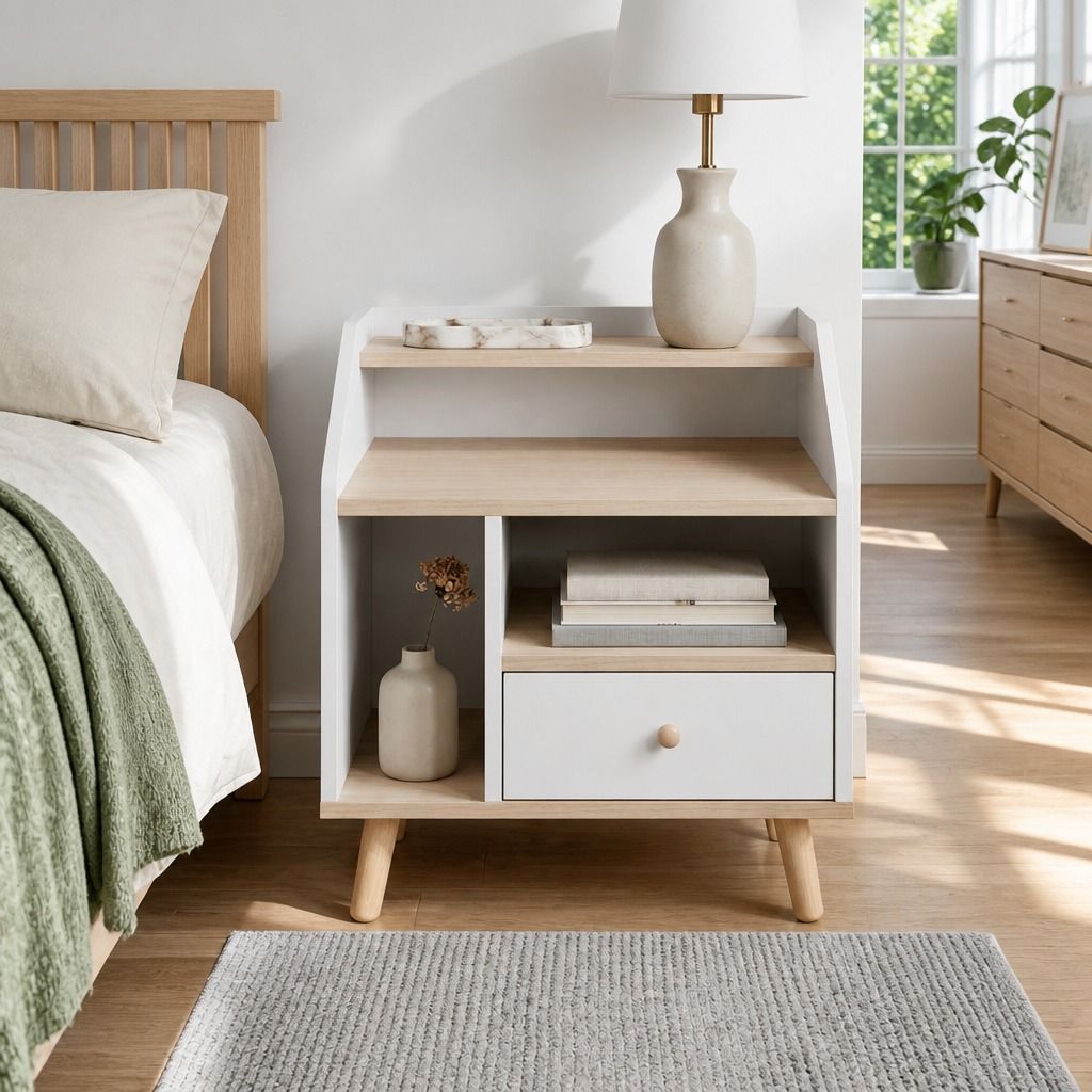 HYGGO Bedside Table Drawer Nightstand Wooden Legs Open Shelves Side