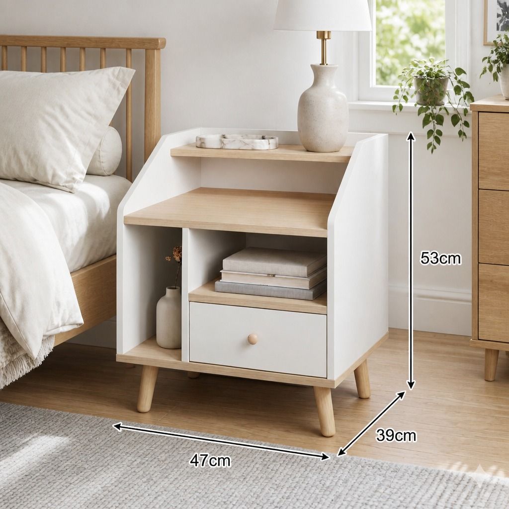 HYGGO Bedside Table Drawer Nightstand Wooden Legs Open Shelves Side view 2