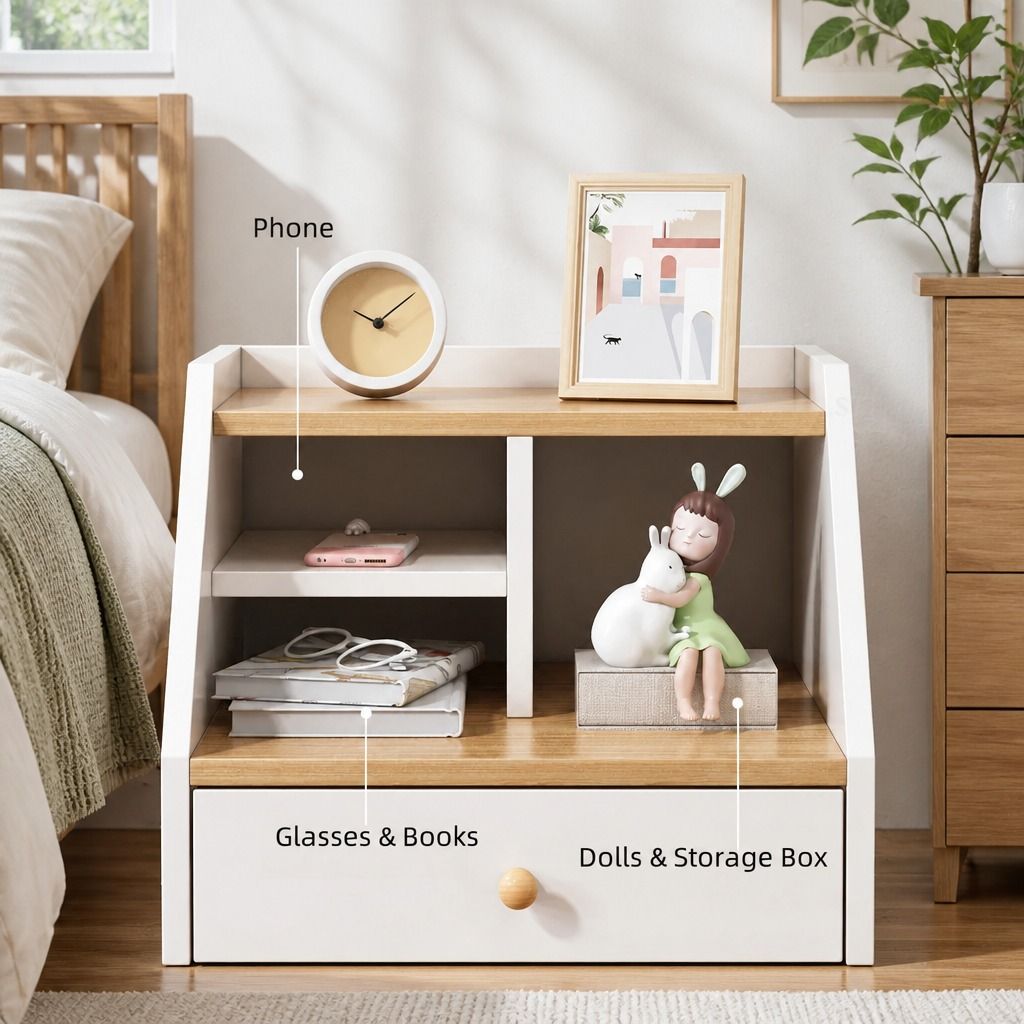 HYGGO Bedside Table Drawer Nightstand Wooden Legs Open Shelves Side view 5