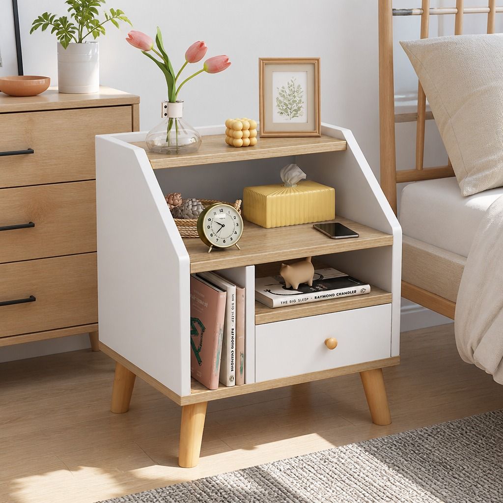 HYGGO Bedside Table Drawer Nightstand Wooden Legs Open Shelves Side view 11