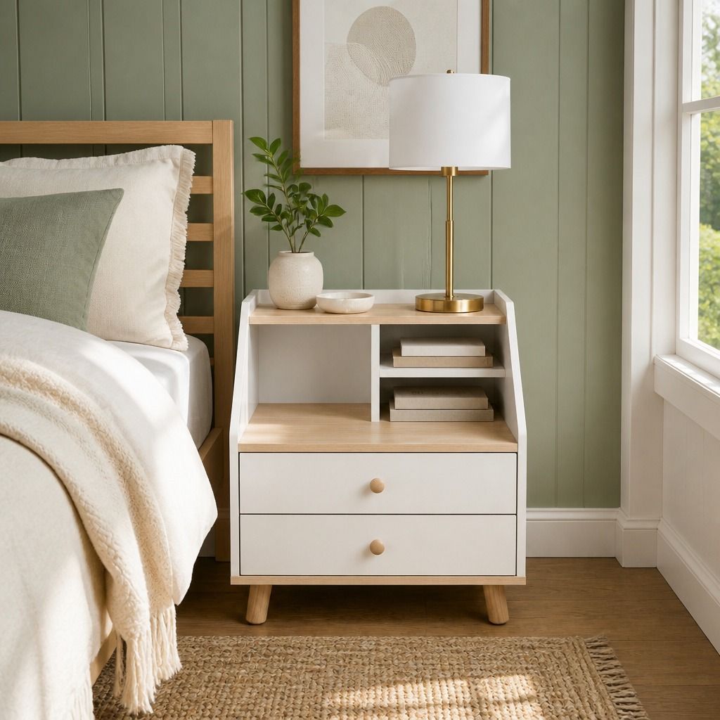HYGGO Two-Tone Bedside Table Nightstand Drawer Storage Wooden Legs White Wood