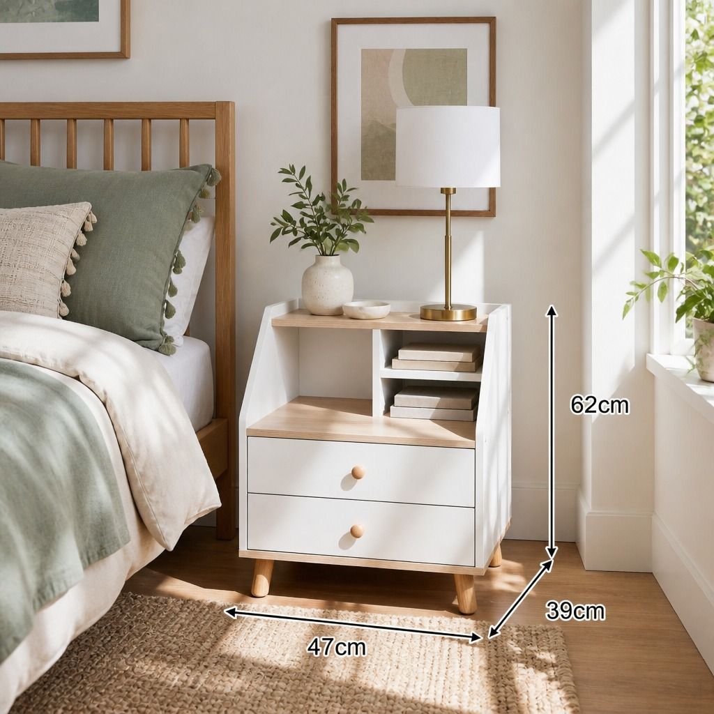 HYGGO Two-Tone Bedside Table Nightstand Drawer Storage Wooden Legs White Wood view 2