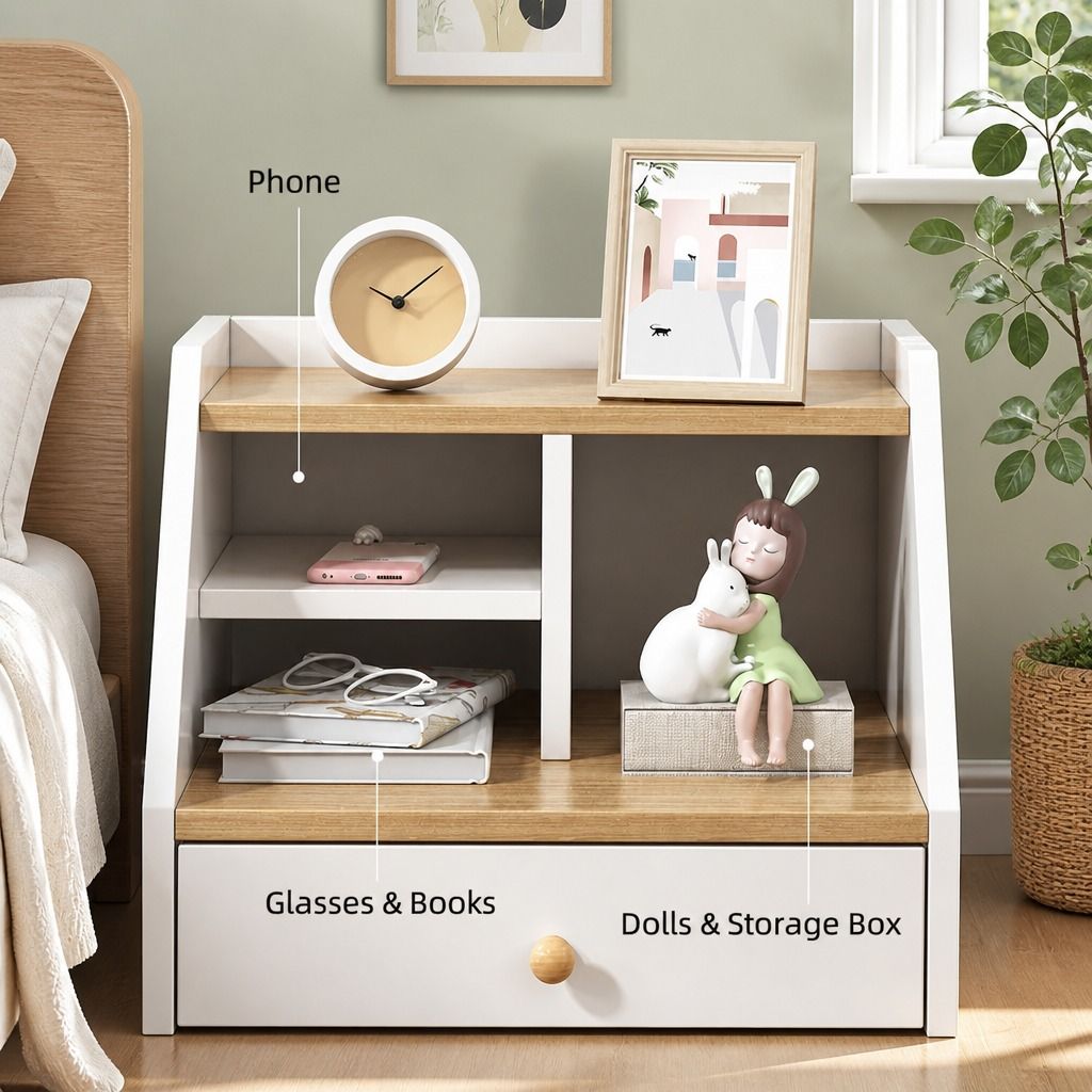 HYGGO Two-Tone Bedside Table Nightstand Drawer Storage Wooden Legs White Wood view 5