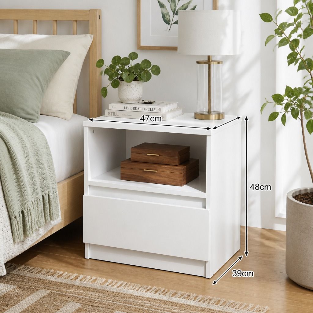 HYGGO Bedside Table Drawer Nightstand Warm White Open Storage Compact 47cm Modern view 2