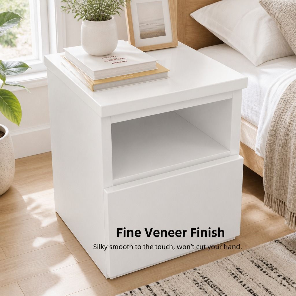 HYGGO Bedside Table Drawer Nightstand Warm White Open Storage Compact 47cm Modern view 5