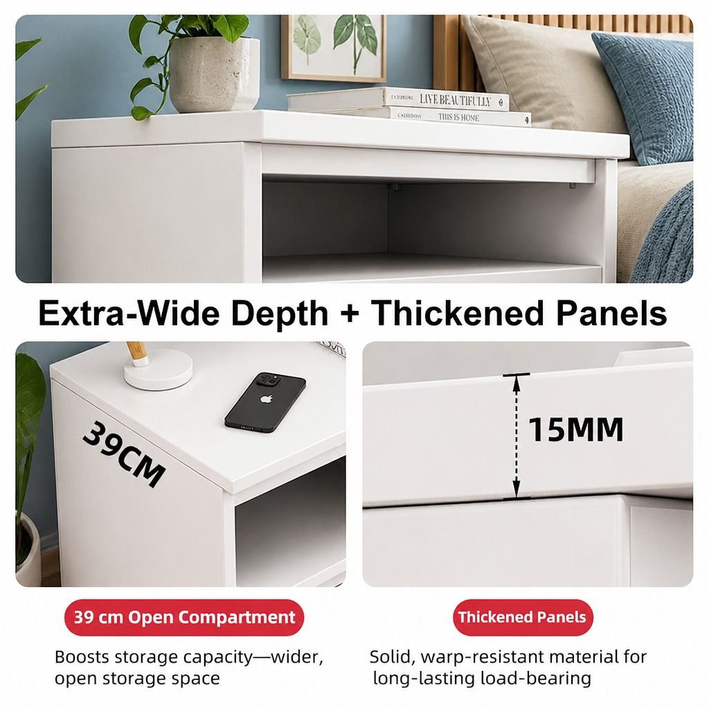 HYGGO Bedside Table Drawer Nightstand Warm White Open Storage Compact 47cm Modern view 6