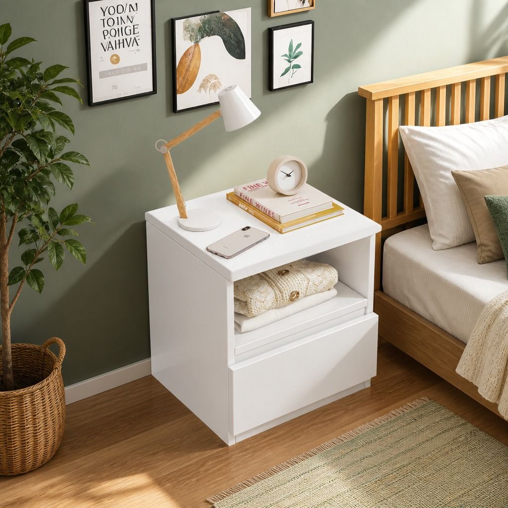 HYGGO Bedside Table Drawer Nightstand Warm White Open Storage Compact 47cm Modern view 11