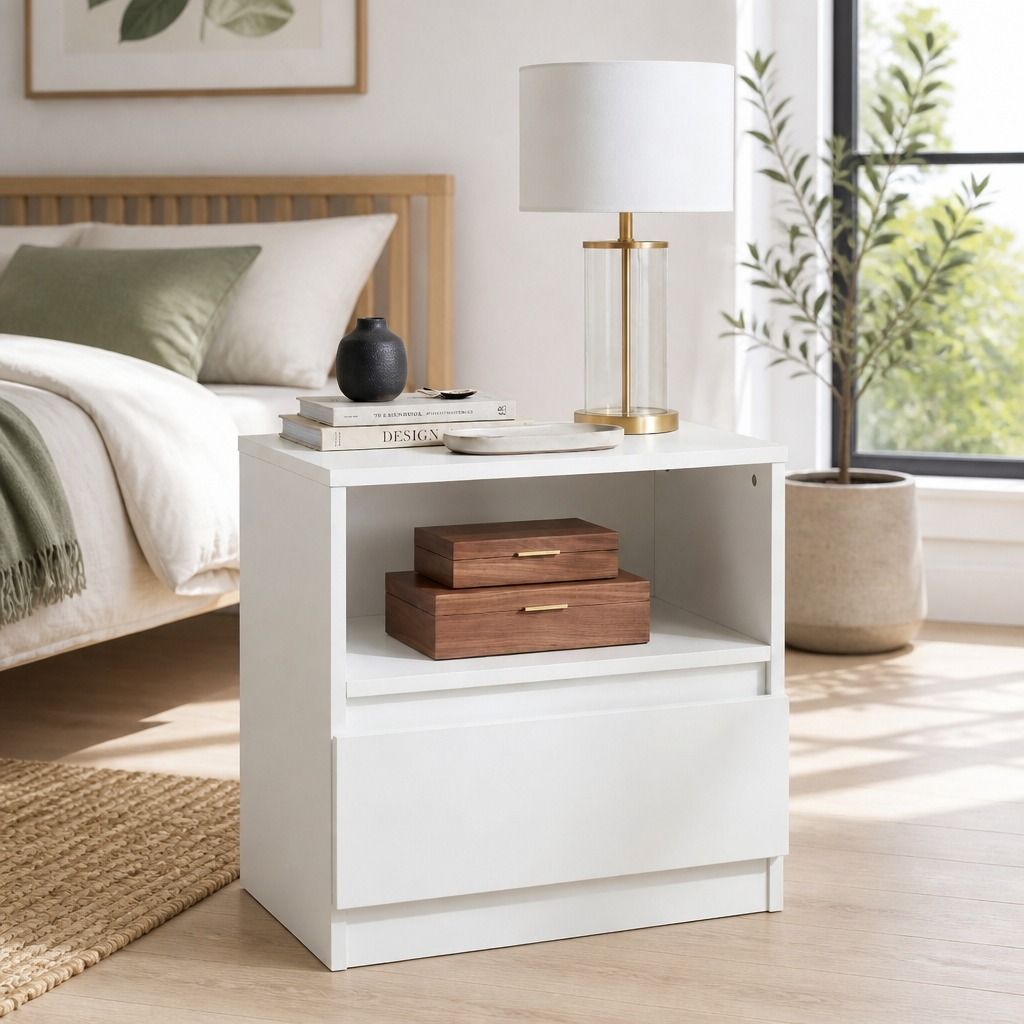 HYGGO Bedside Table Drawer Nightstand Warm White Open Storage Compact 47cm Modern view 12