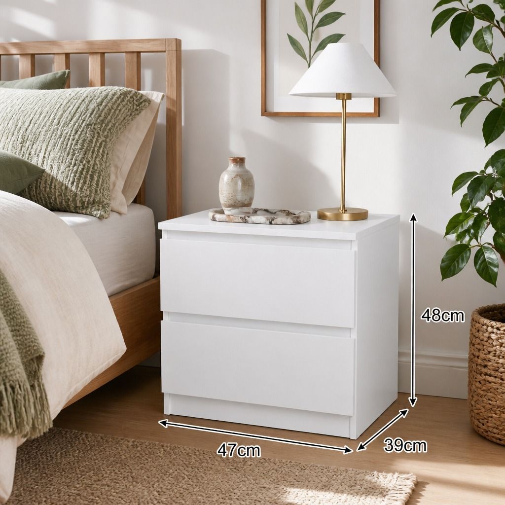 HYGGO Bedside Table Drawer Nightstand Warm White Double Drawer Finger Pull Modern view 2