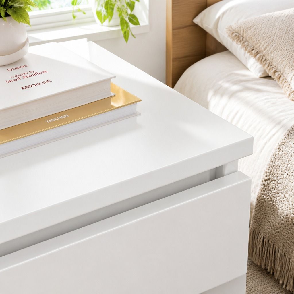HYGGO Bedside Table Drawer Nightstand Warm White Double Drawer Finger Pull Modern view 5
