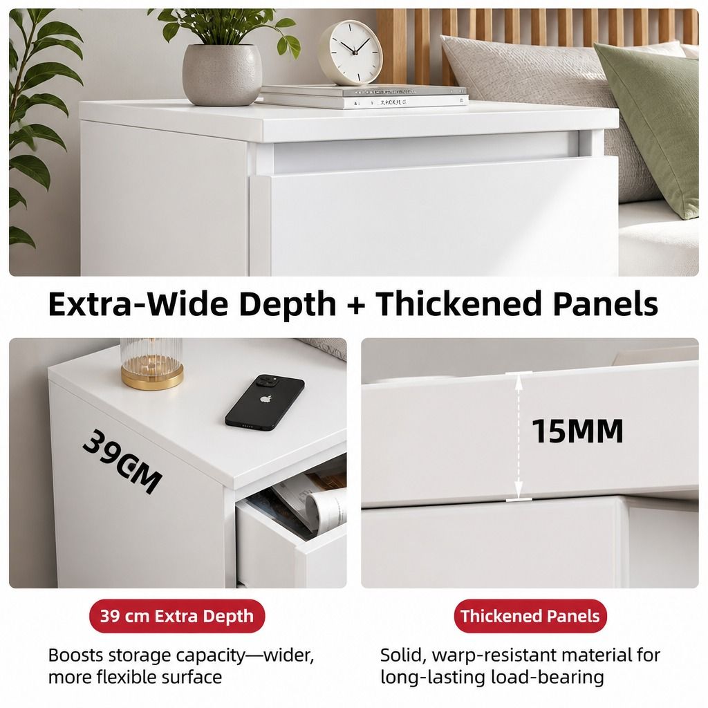 HYGGO Bedside Table Drawer Nightstand Warm White Double Drawer Finger Pull Modern view 6