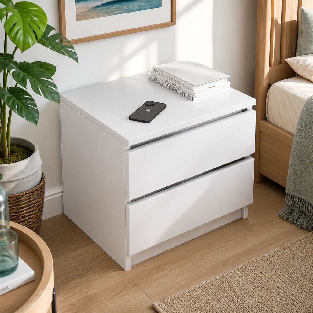 HYGGO Bedside Table Drawer Nightstand Warm White Double Drawer Finger Pull Modern view 11