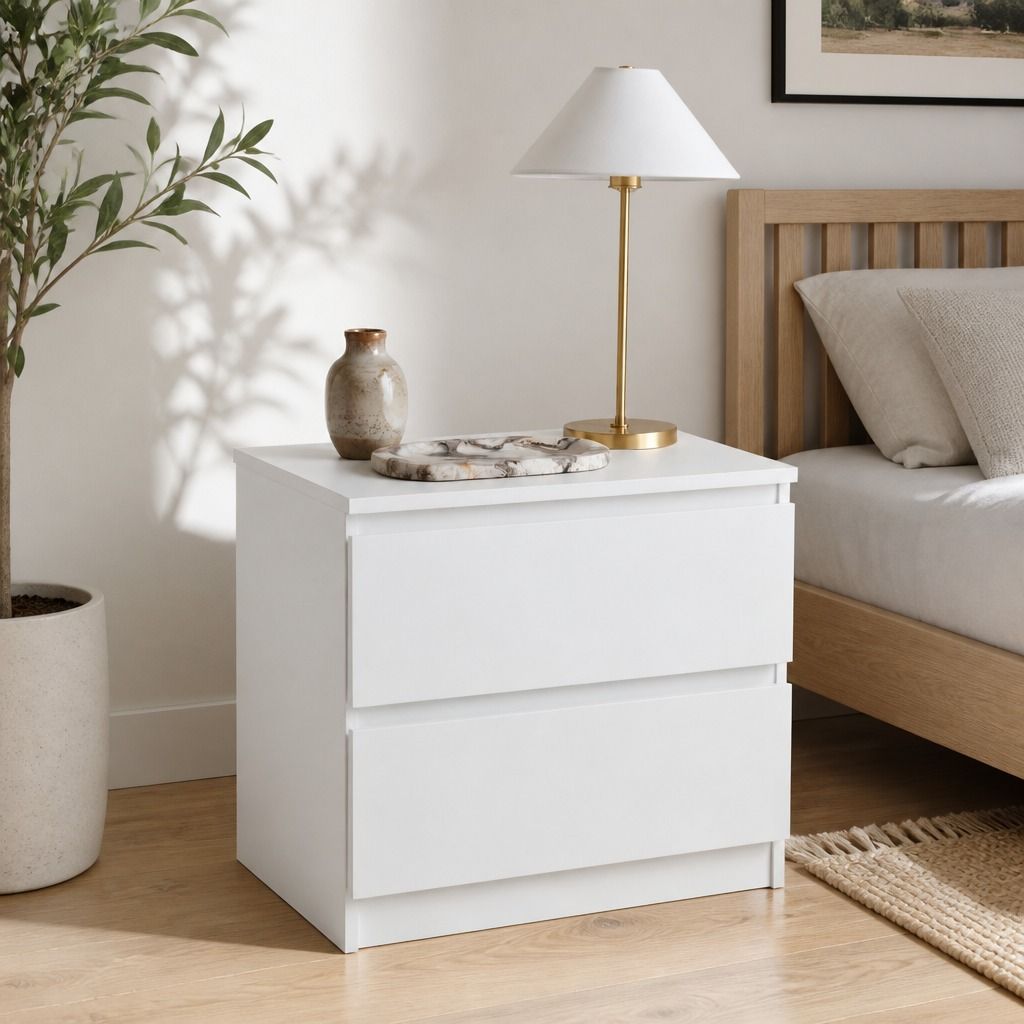 HYGGO Bedside Table Drawer Nightstand Warm White Double Drawer Finger Pull Modern view 12